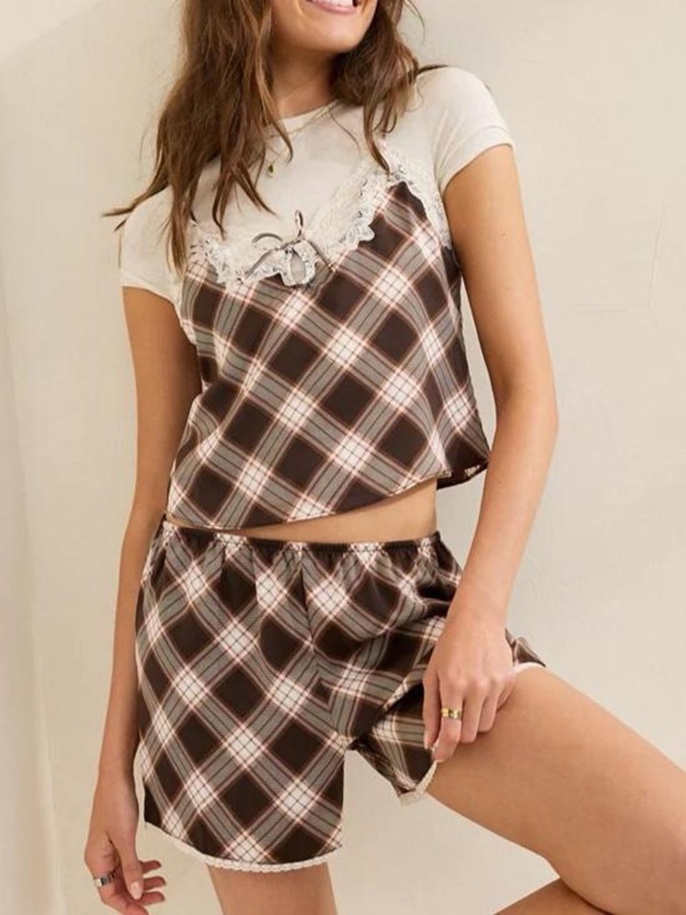 OVERSLEPT by Aerie Brown Plaid Liquid Satin Lace-Trim Cami & Shorts Pajama Set.